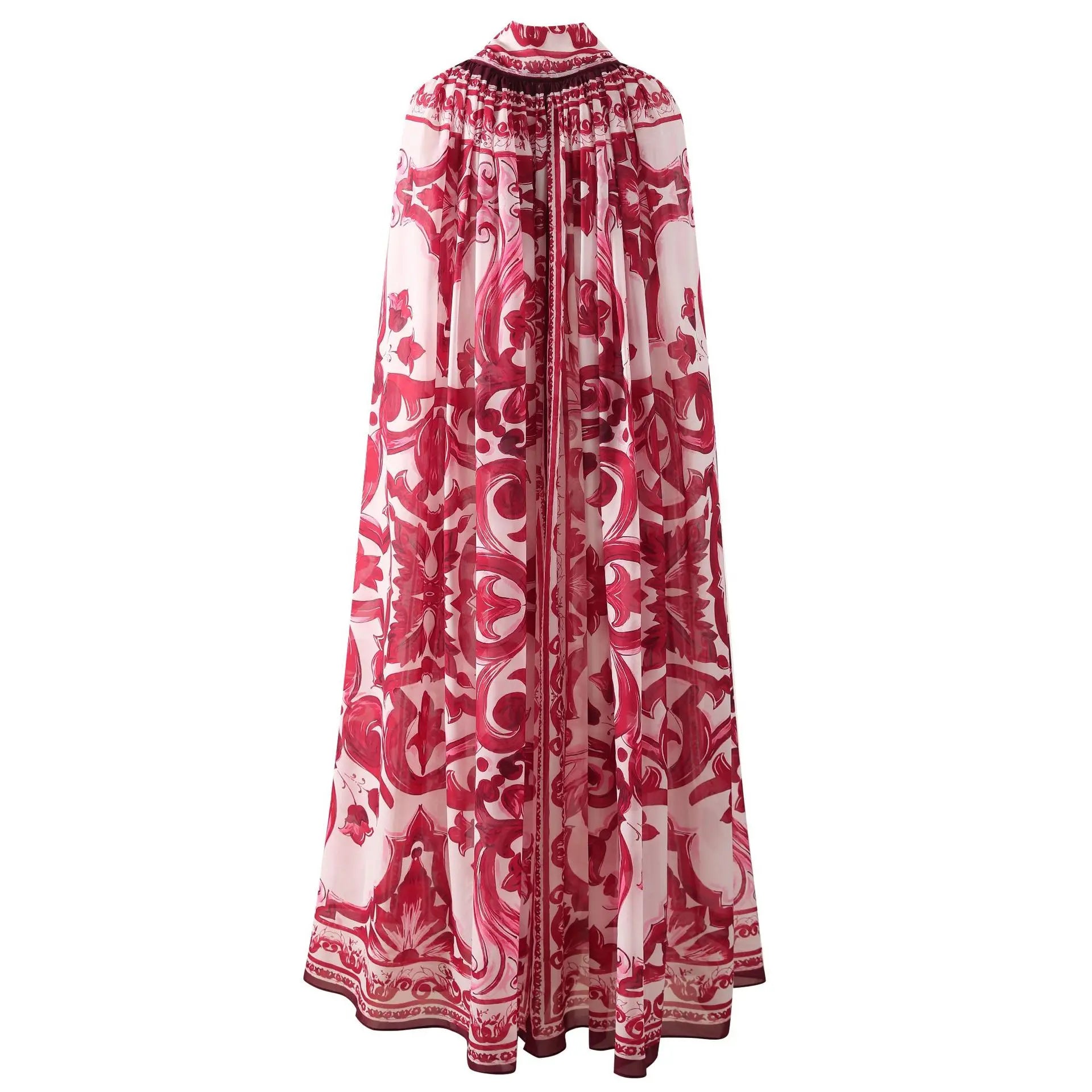 Luxury Designer Inspired Women Fuchsia And White Printed Silk Cape Maxi Dress For Holiday Fashion Clothes 2023