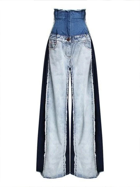 Not So Basic Colorblock Patchwork Wide Leg Denim Jeans Trousers