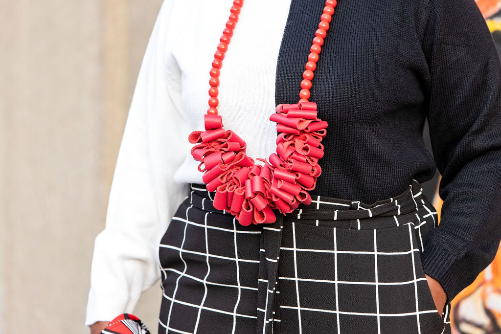 Red Leather Handmade Statement Necklace