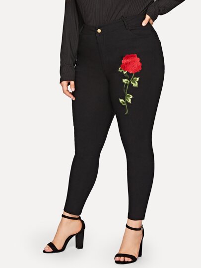 Rose appliques denim jeans