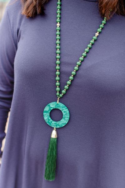 Classic Green Long Pendant Necklace with Tassel